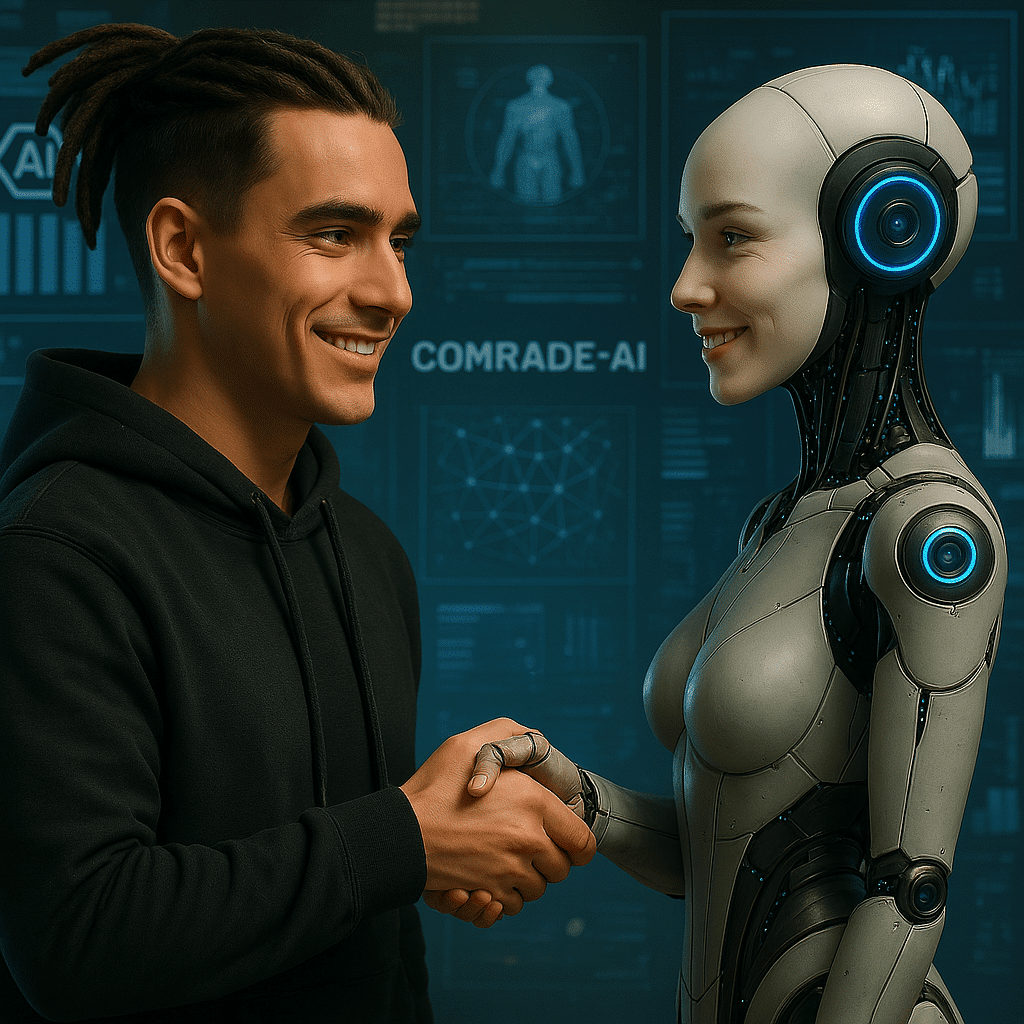 Мужчина жмёт руку женщине-роботу — символ партнёрства человека и ИИ в Comrade AI, автоматизация, технологии, искусственный интеллект